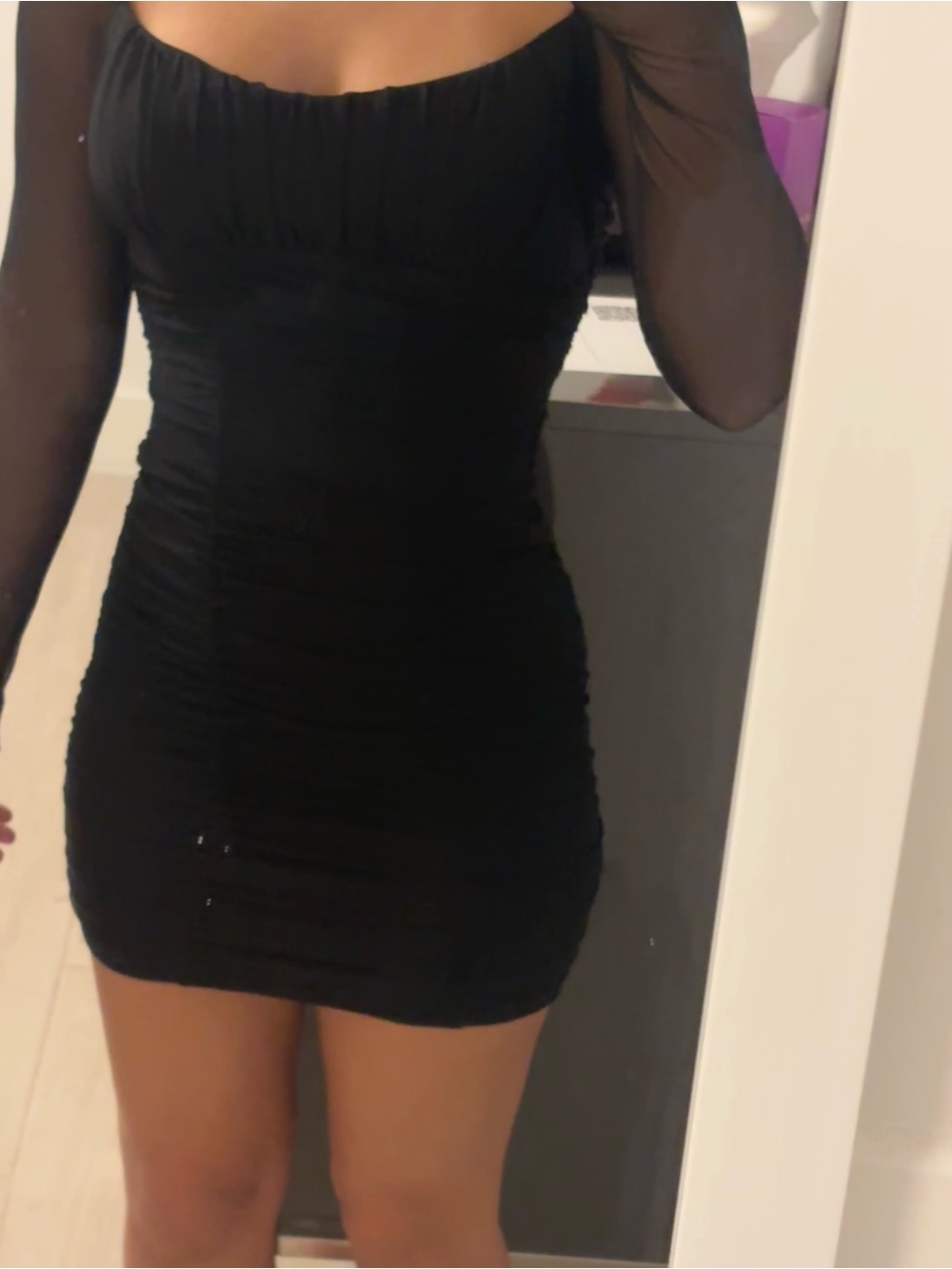 Sheer Sleeve Ruched Black Mini Dress